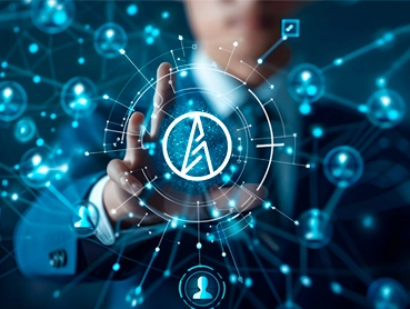 A person in a suit touches a digital interface with their finger. Holographic icons and a network of interconnected lines and nodes surround a central symbol, giving the impression of advanced talent acquisition technology and connectivity.