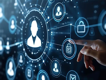 A hand interacts with a digital interface, featuring a network of interconnected icons. The central icon displays a person, surrounded by various symbols such as locks and user profiles, symbolizing data security and social connections in an enterprise talent acquisition network.