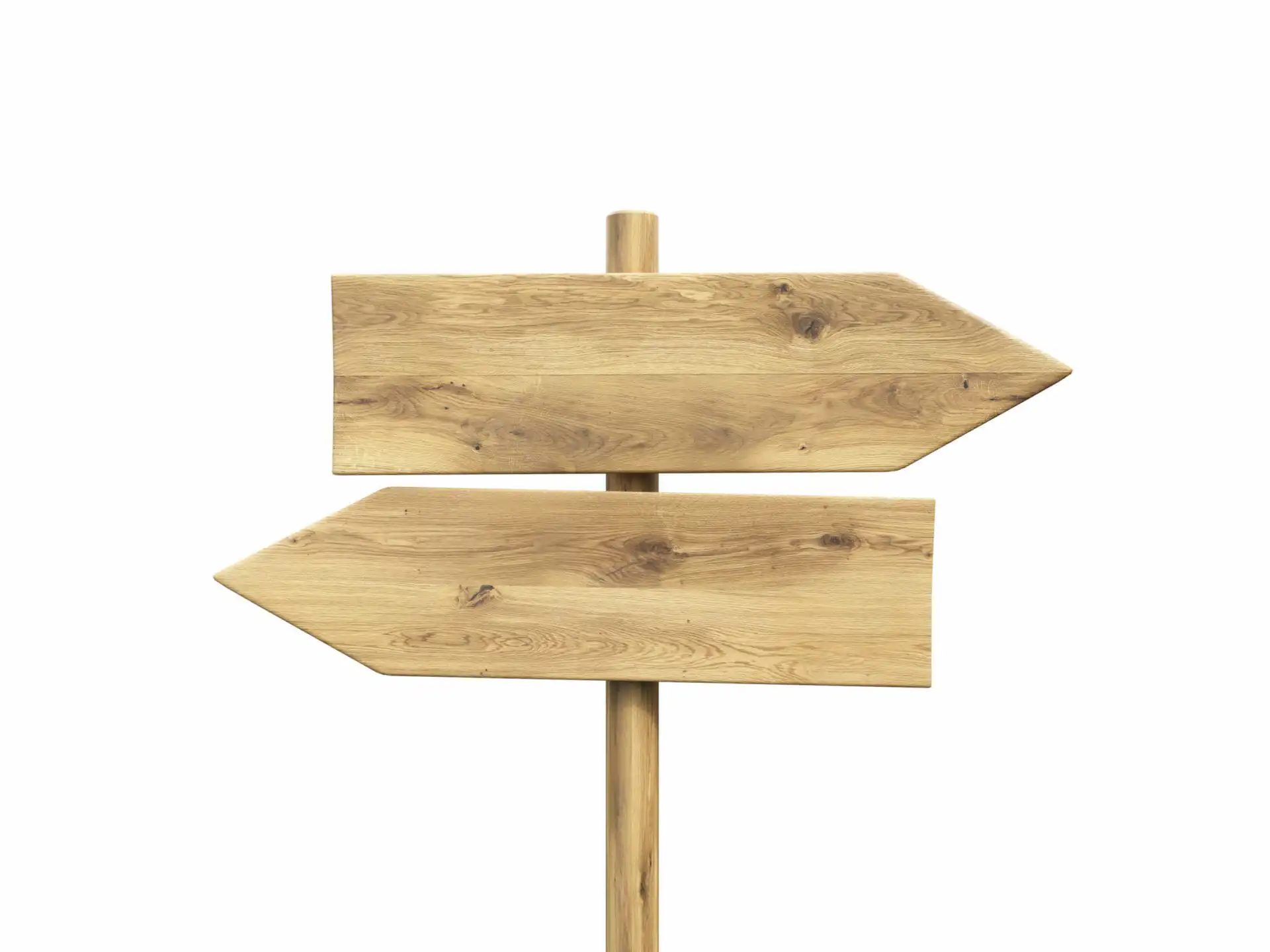 Two blank wooden arrow signs attached to a single wooden post, placed against a white background. One arrow points to the left, and the other points to the right. The signs have a natural, unfinished wood grain texture.