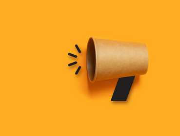 A brown cardboard cup attached to a black handle is depicted on a bright orange background. Black lines emanate from the cup's opening, giving the impression of sound waves or a megaphone effect.