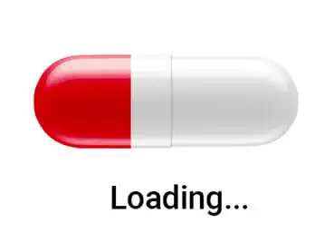A capsule half-colored red and half-colored white is shown horizontally with the word "Loading..." written below it in black text. The image symbolizes a loading process.