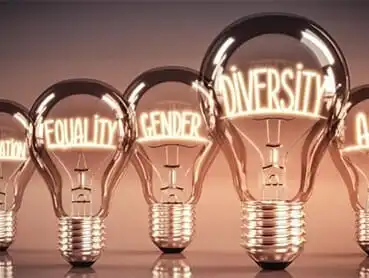 Light bulbs are lined up with words inside each bulb: "COLLABORATION," "EQUALITY," "GENDER," "DIVERSITY," and "INCLUSION." The glowing words within the bulbs emphasize the importance of these values in creating a brighter, more inclusive future.